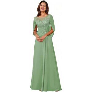 Sage Green Lace Applique Cape Draped Long Mother of the Bride Evening Gown 16-18